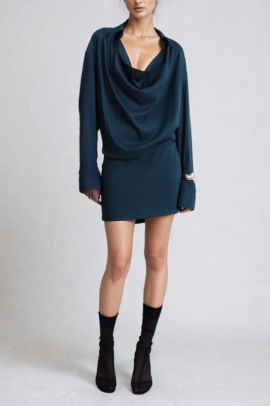 Ellalabel Aguirre Cowl Neck Satin Shirt Mini Dress - Crafted from Glossy Silk Satin- Best for Cocktail Parties and Night Out.