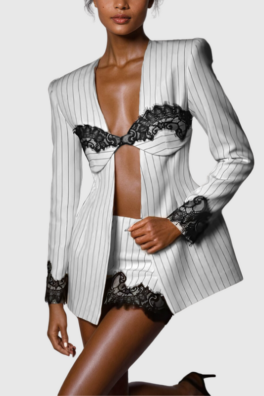 Ellalabel Ahti Lace Plunge Stripe Skirt Set - Crafted from Intricate Lace Fabrication - Designed for Elegant Occasions.