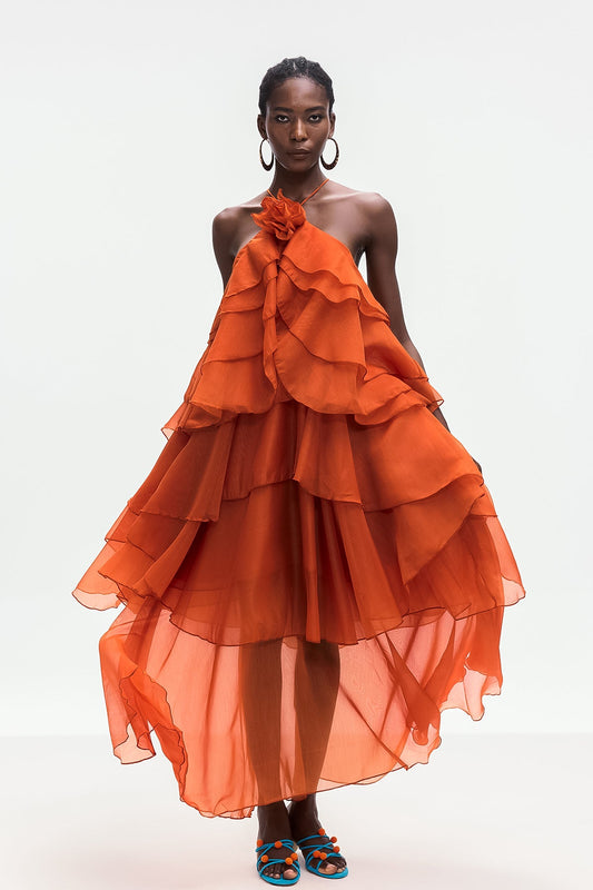 Ellalabel Ailish Backless Flower Ruch Maxi Dress In Orange - Crafted from High-quality Fabrication- Ideal for Wedding Guest and Formal Galas.