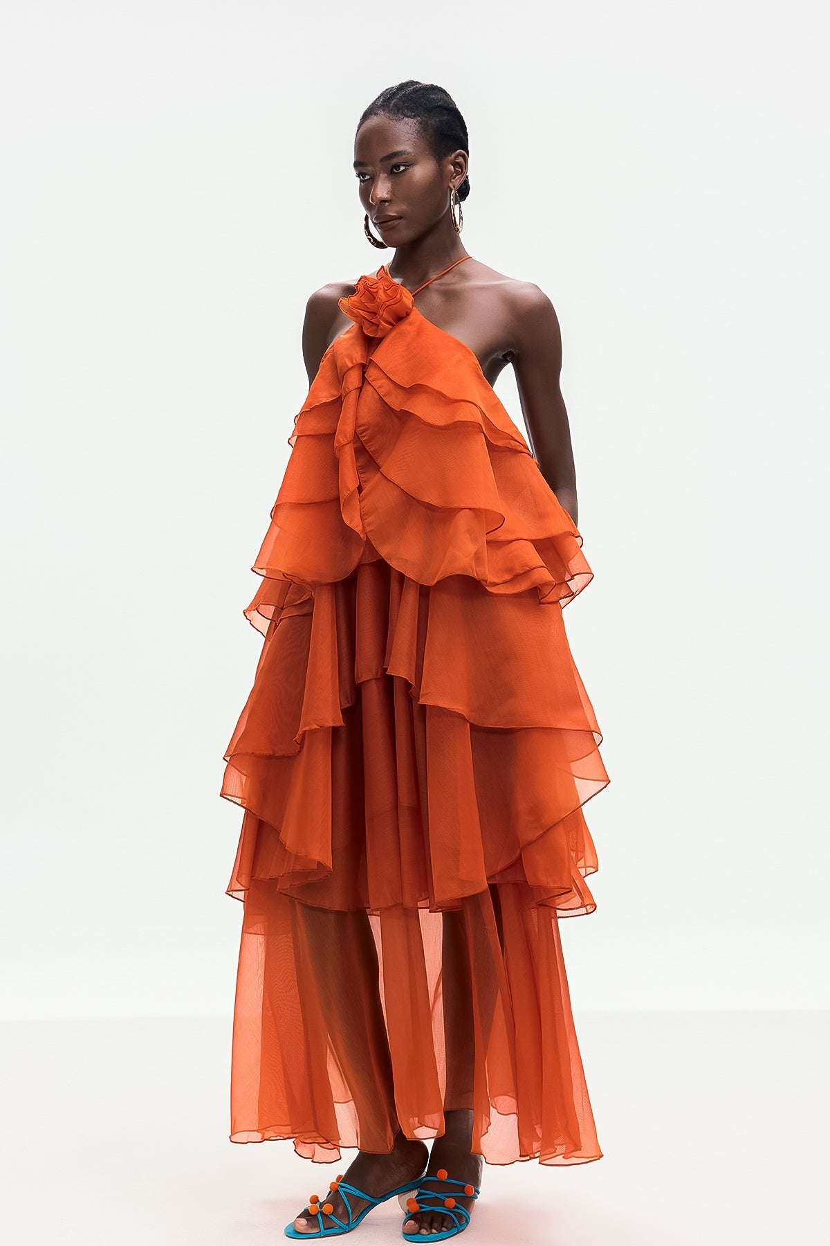 Ailish Backless Flower Ruch Maxi Dress In Orange