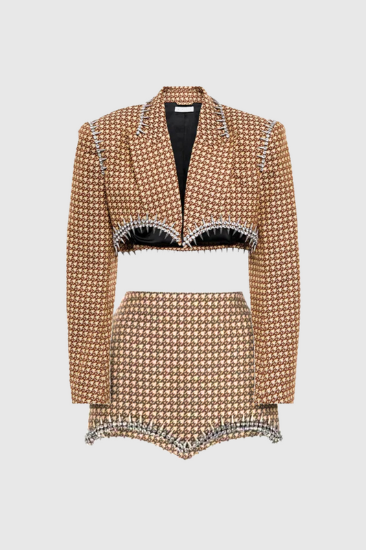 Ellalabel Alchemy Rhinestone Lapel Skirt Set in Brown - Crafted from High-quality Fabrication - Designed for Elegant Occasions.