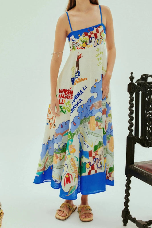 Ellalabel kristin multicolor Graffiti-print linen maxi dress - Crafted from Breathable Summer Linen- Ideal for Wedding Guest and Formal Galas.