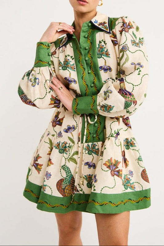 Ellalabel kimberley floral print long sleeve Mini Dress in green - Crafted from High-quality Fabrication- Best for Cocktail Parties and Night Out.