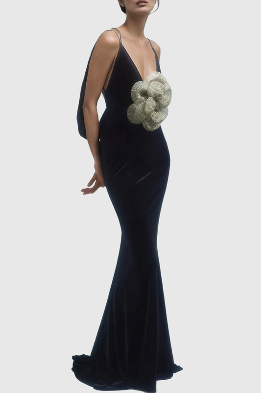 Ellalabel Ali Backless Flower Spaghetti Maxi Dress - Crafted from High-quality Fabrication- Ideal for Wedding Guest and Formal Galas.