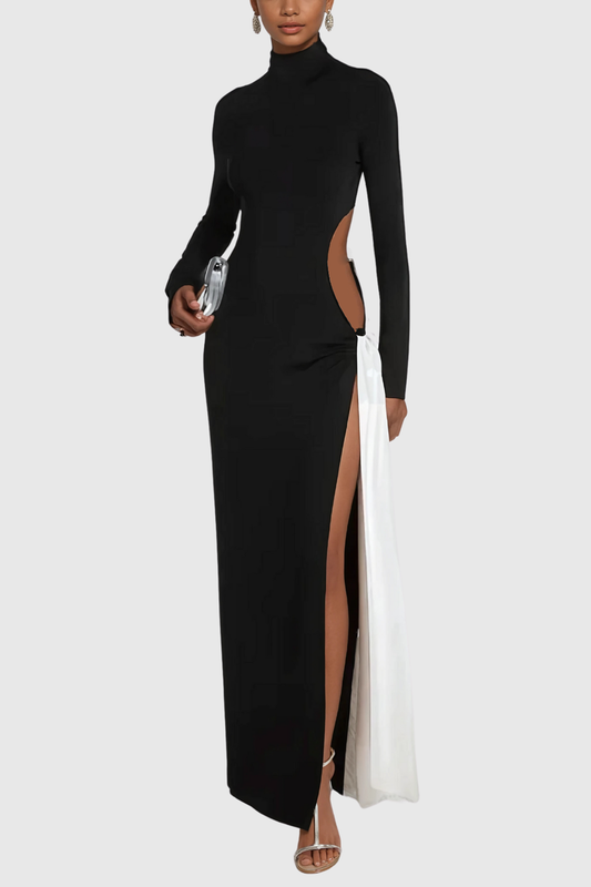 Ellalabel Alinka Cutout Lace Up High Split Maxi Dress - Crafted from Intricate Lace Fabrication- Ideal for Wedding Guest and Formal Galas.