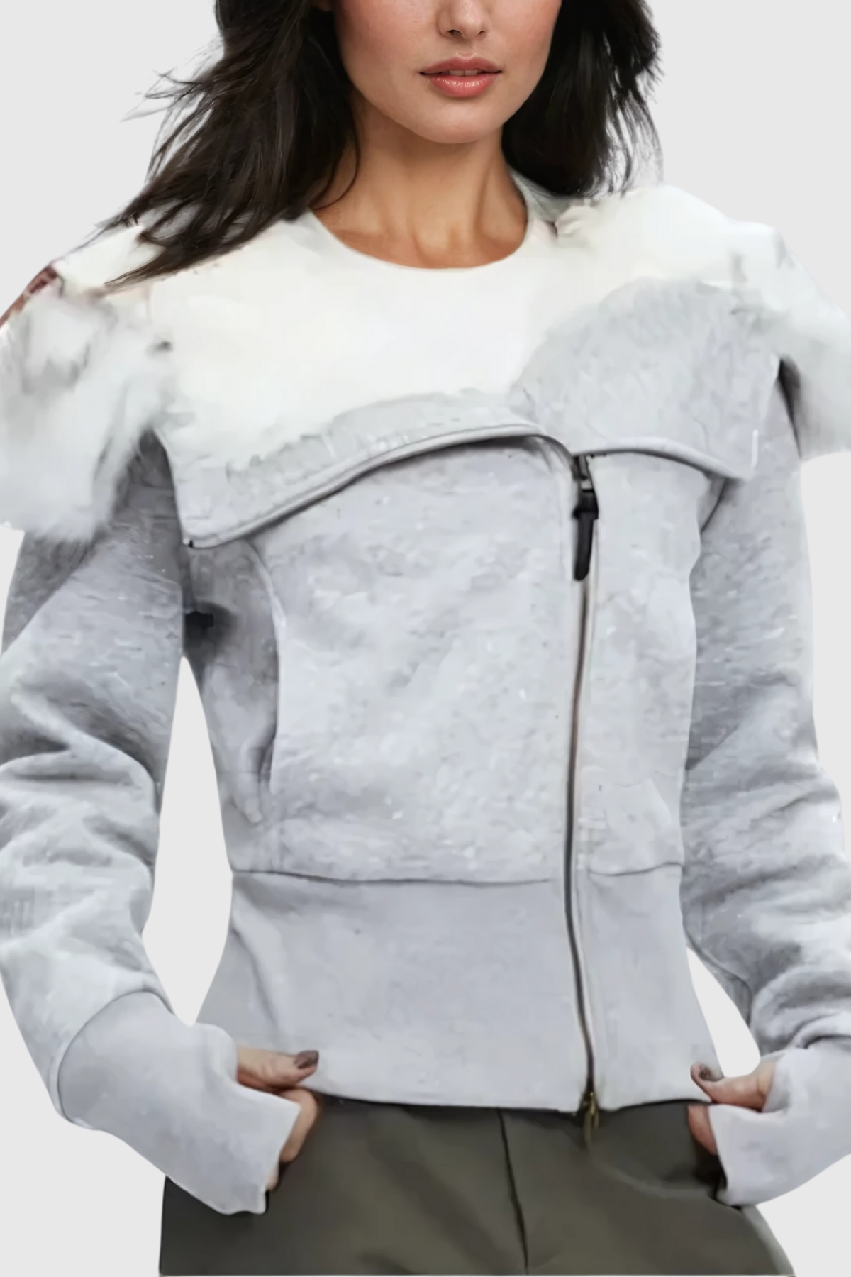 maureen Faux Fur Zipper Asymmetric Jacket In Grey