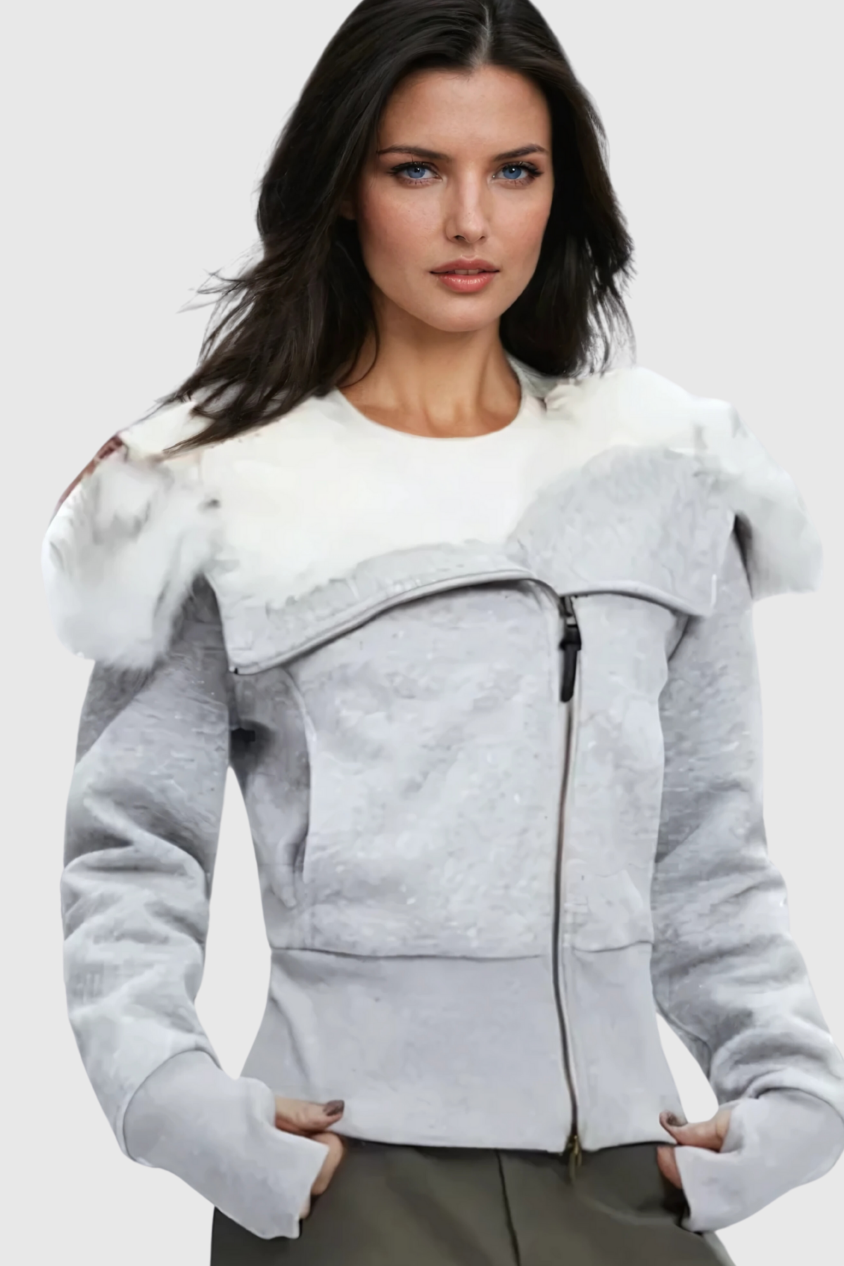 maureen Faux Fur Zipper Asymmetric Jacket In Grey