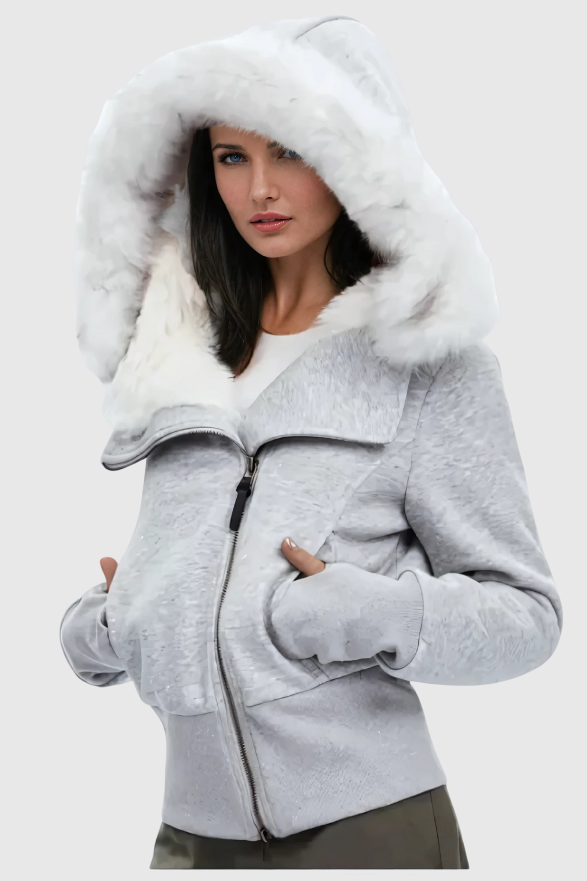 maureen Faux Fur Zipper Asymmetric Jacket In Grey