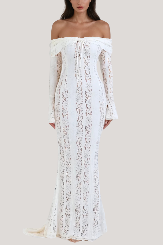 Ellalabel Alladitta Lace Off Shoulder Cutout Maxi Dress - Crafted from Intricate Lace Fabrication- Ideal for Wedding Guest and Formal Galas.