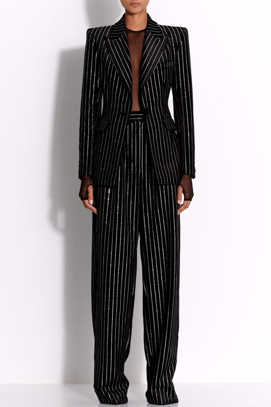 Ellalabel Ally Crystal Pinstripe Blazer Set - Black - Crafted from High-quality Fabrication - Designed for Elegant Occasions.