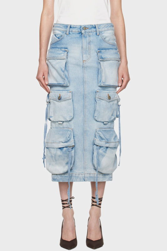 Ellalabel Alma Cargo Denim Midi Skirt - Crafted from High-quality Fabrication- Perfect for Garden Parties and Resort Wear.