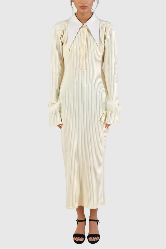 Ellalabel Almis Lapel Feather  Knit Maxi Dress - Crafted from Soft-touch Fine Knit- Ideal for Wedding Guest and Formal Galas.