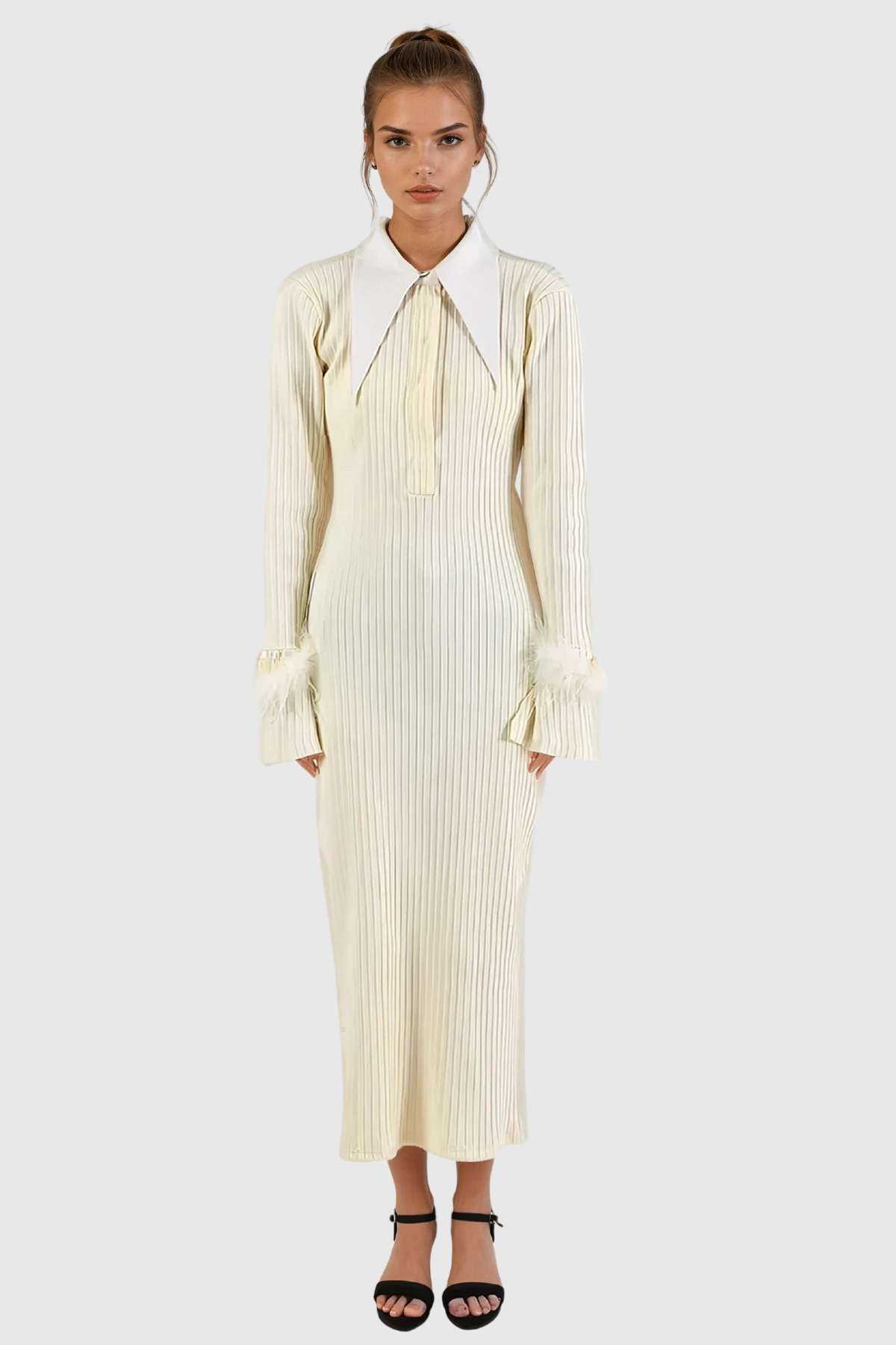 Stylish beautiful dress | Almis Lapel Feather  Knit Maxi Dress - Ideal for special occasions