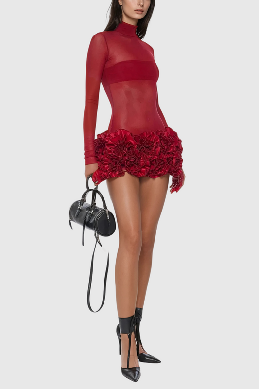 Ellalabel Alona Mesh Flower Mini Dress in Red - Crafted from High-quality Fabrication- Best for Cocktail Parties and Night Out.