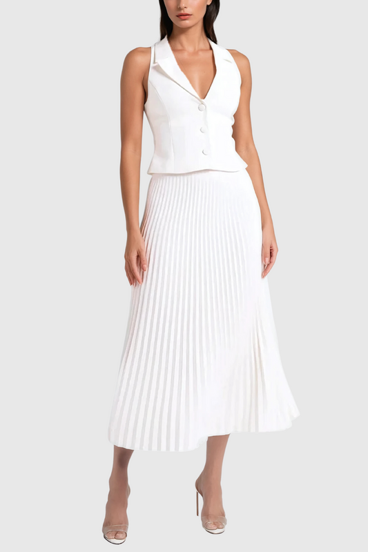 Ellalabel Alora Sleeveless Lapel Ruch Skirt Set In White - Crafted from High-quality Fabrication - Designed for Elegant Occasions.