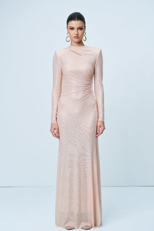 Ellalabel Alter Rhinestone Cutout Ruch Maxi Dress In Apricot - Crafted from High-quality Fabrication- Ideal for Wedding Guest and Formal Galas.