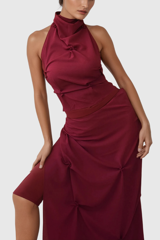 Ellalabel Alun Lace Up Halter Neck Backless Ruch Top - Crafted from Intricate Lace Fabrication - Designed for Elegant Occasions.