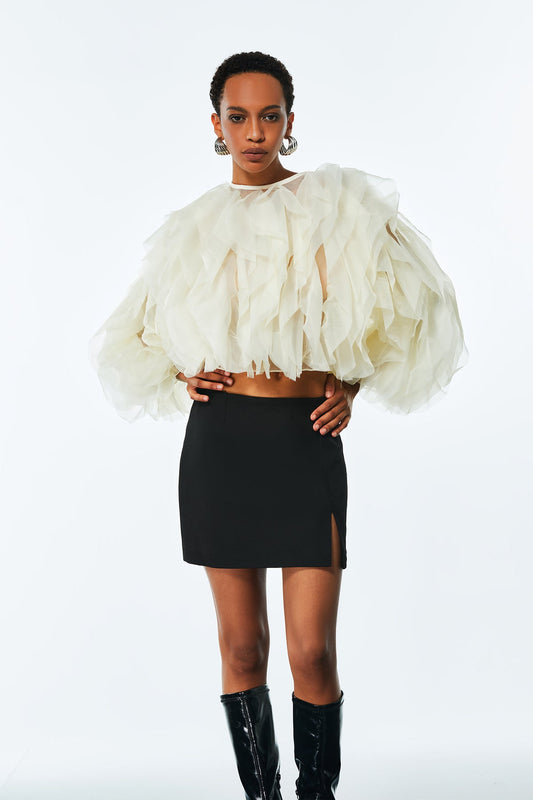 Ellalabel Amarine Mesh Ruffle Ruch Shirt In Apricot - Crafted from High-quality Fabrication - Designed for Elegant Occasions.