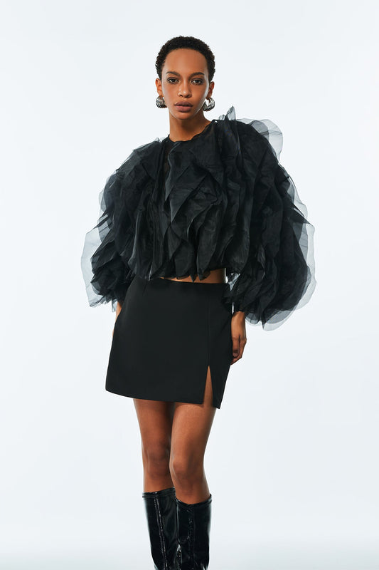 Ellalabel Amarine Mesh Ruffle Ruch Shirt In Black - Crafted from High-quality Fabrication - Designed for Elegant Occasions.