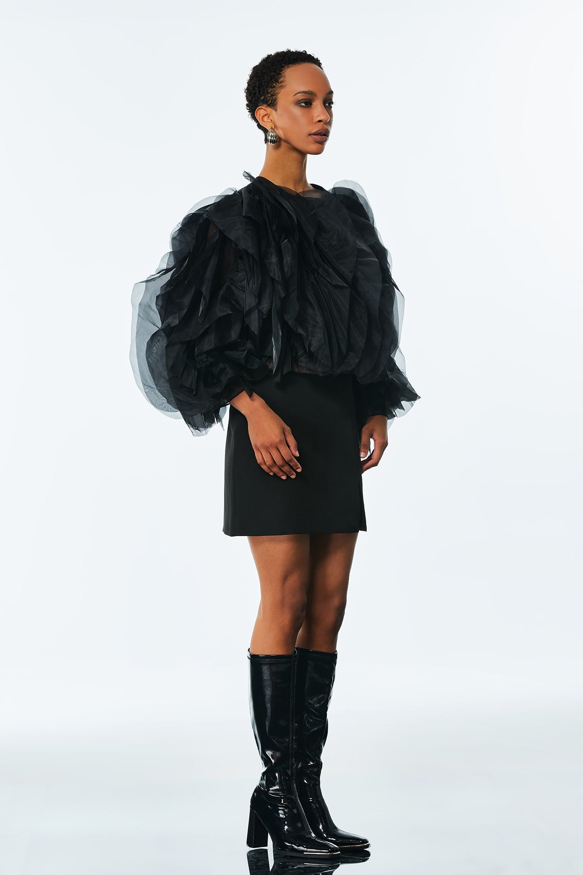Amarine Mesh Ruffle Ruch Shirt In Black