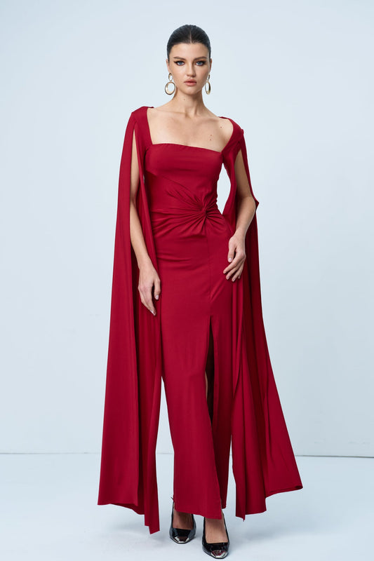 Ellalabel Amazu Shawl Split Ruch Maxi Dress In Red - Crafted from High-quality Fabrication- Ideal for Wedding Guest and Formal Galas.