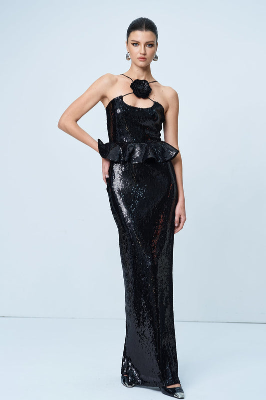 Ellalabel Ambar Sequin Flower Ruffle Maxi Dress - Crafted from Shimmering Hand-stitched Sequins- Ideal for Wedding Guest and Formal Galas.