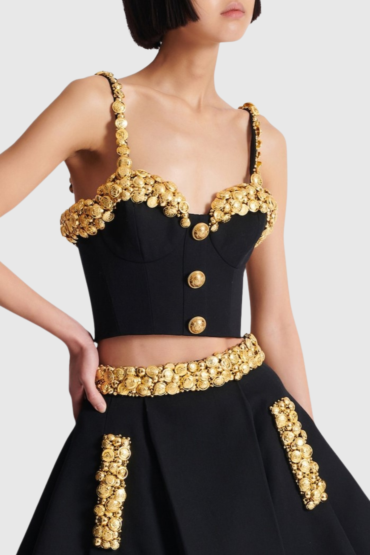 nelly black Buttoned Embellished Top & Mini Skirt Set