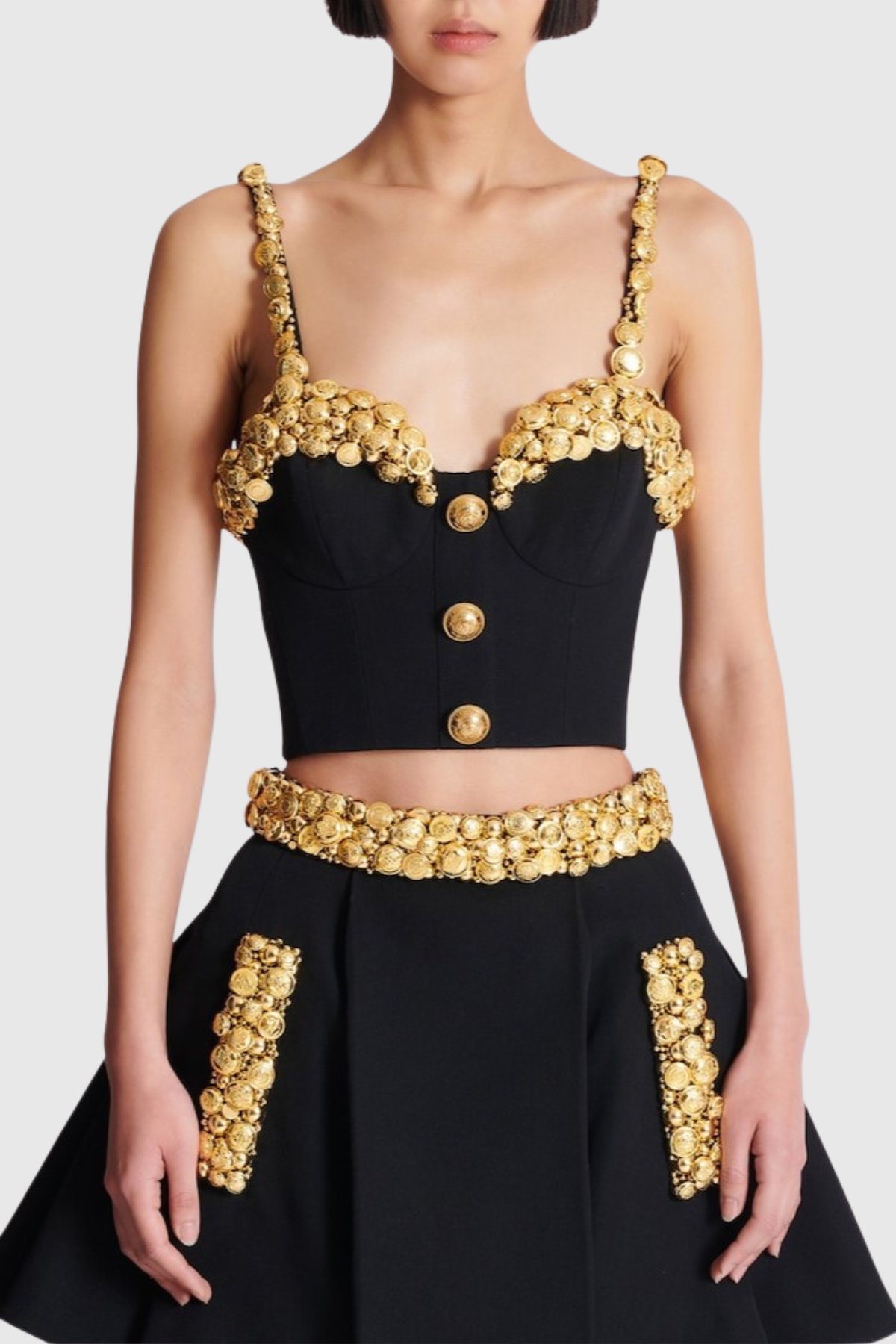 nelly black Buttoned Embellished Top & Mini Skirt Set