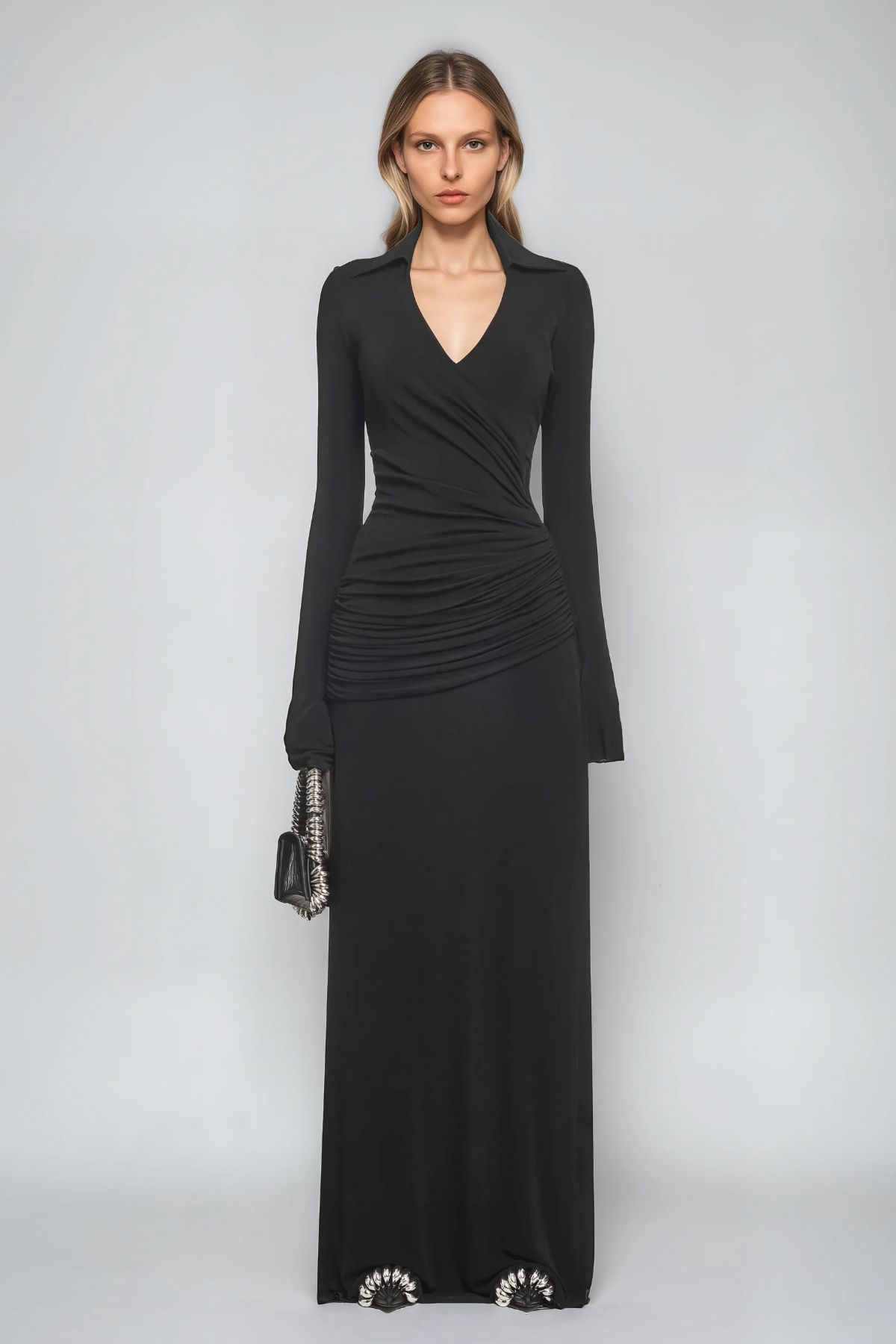 Stylish black dress | Amiah Ruch Lapel Maxi Dress In Black - Ideal for special occasions