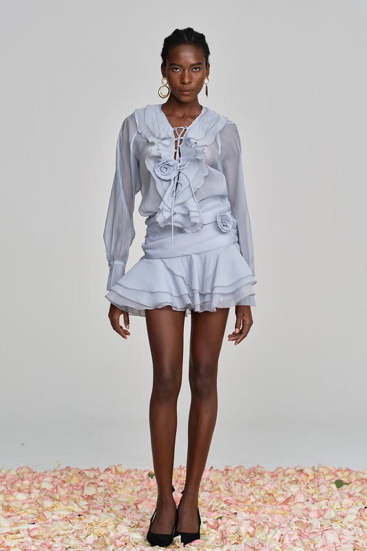 Ellalabel Amie Lace Up Flower Ruffle Skirt Set In Blue - Crafted from Intricate Lace Fabrication - Designed for Elegant Occasions.