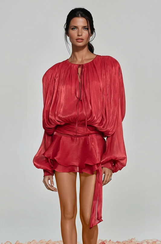 Ellalabel Aminah Balloon Sleeve Ruch Ruffle Mini Dress In Red - Crafted from High-quality Fabrication- Best for Cocktail Parties and Night Out.