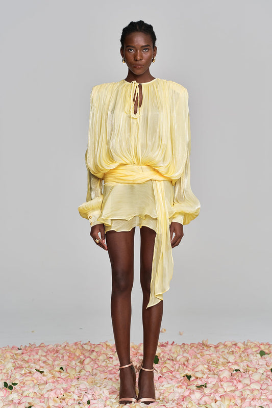 Ellalabel Aminah Balloon Sleeve Ruch Ruffle Mini Dress In Yellow - Crafted from High-quality Fabrication- Best for Cocktail Parties and Night Out.