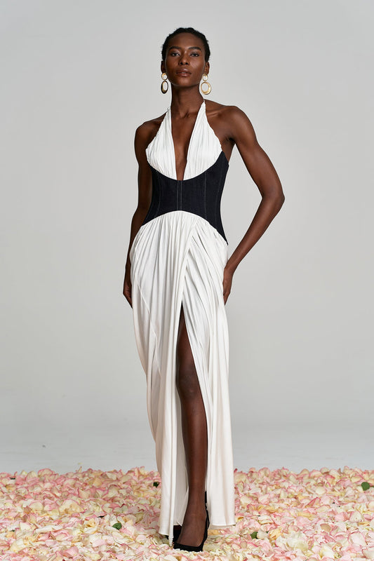 Ellalabel Aminia Halter Neck Ruch Deconstruct Maxi Dress - Crafted from High-quality Fabrication- Best for Cocktail Parties and Night Out.