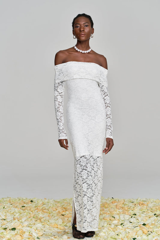 Ellalabel Amjad Floarl Off Shoulder Lace Maxi Dress - Crafted from Intricate Lace Fabrication- Ideal for Wedding Guest and Formal Galas.