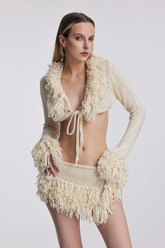 Ellalabel Amphitrite Fringe Lace Up Knit Skirt Set - Crafted from Intricate Lace Fabrication - Designed for Elegant Occasions.