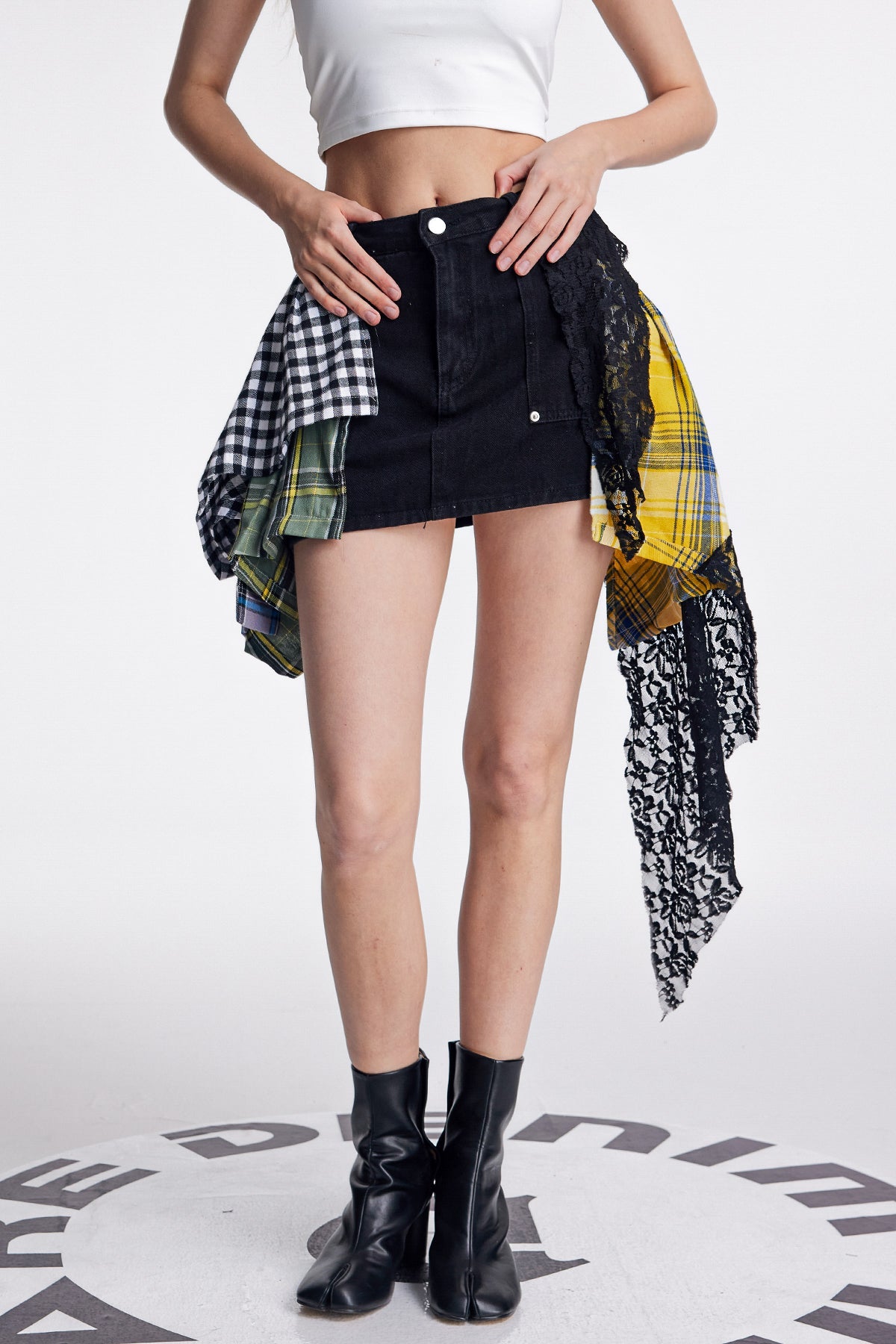 Amun Lace Grid Deconstruct Denim Skirt In Black - Stylish black dress for special occasions | Buy Online