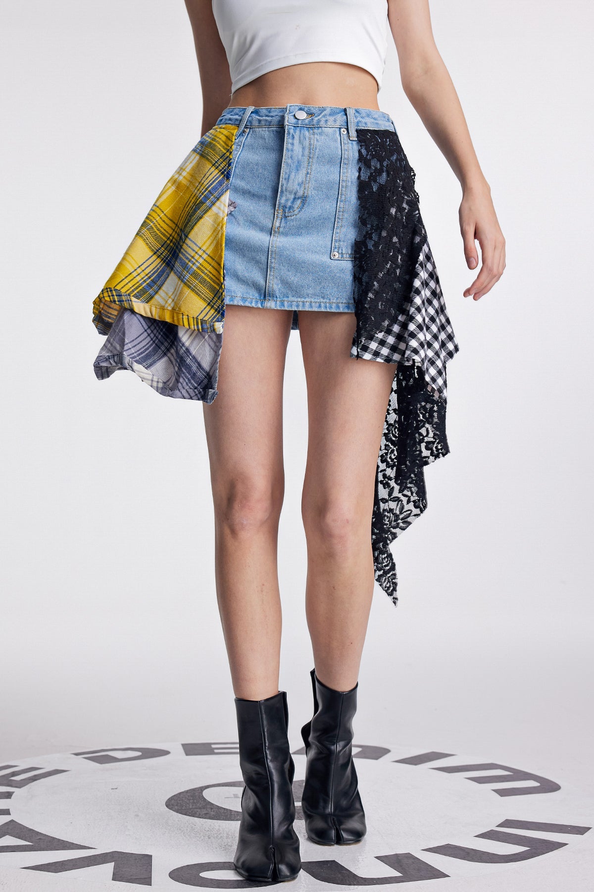 Amun Lace Grid Deconstruct Denim Skirt In Blue