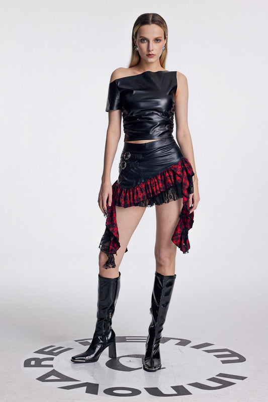 Ellalabel Amund Asymmetric Deconstruct Grid Leather Skirt - Crafted from High-quality Fabrication - Designed for Elegant Occasions.