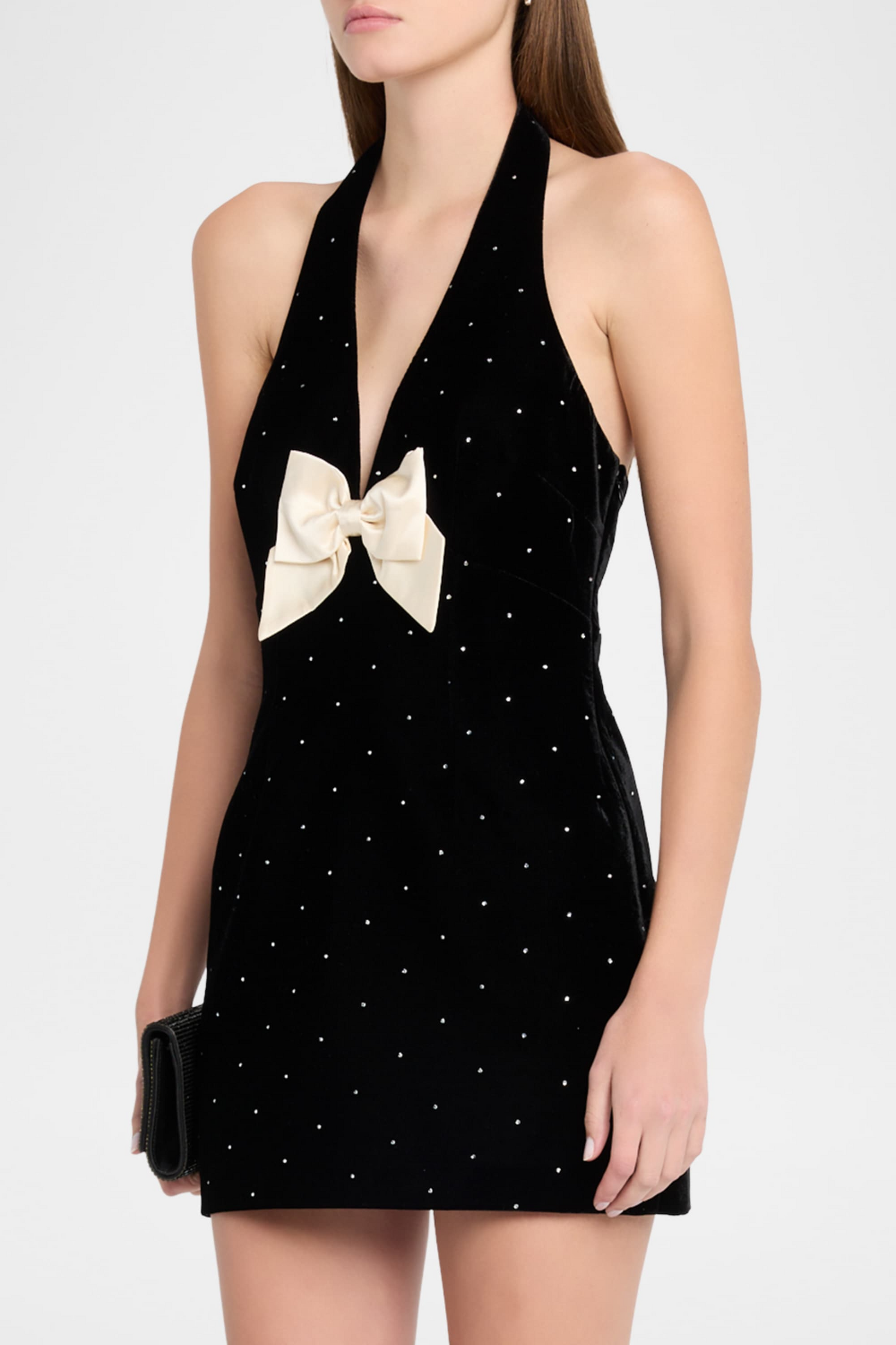 queena Halter Bow Velvet Mini Dress in black