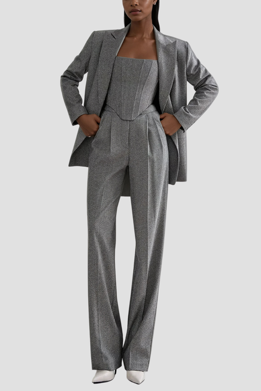 Ellalabel Anang Lapel Strapless Three Piece Pants Set In Grey - Crafted from High-quality Fabrication - Designed for Elegant Occasions.