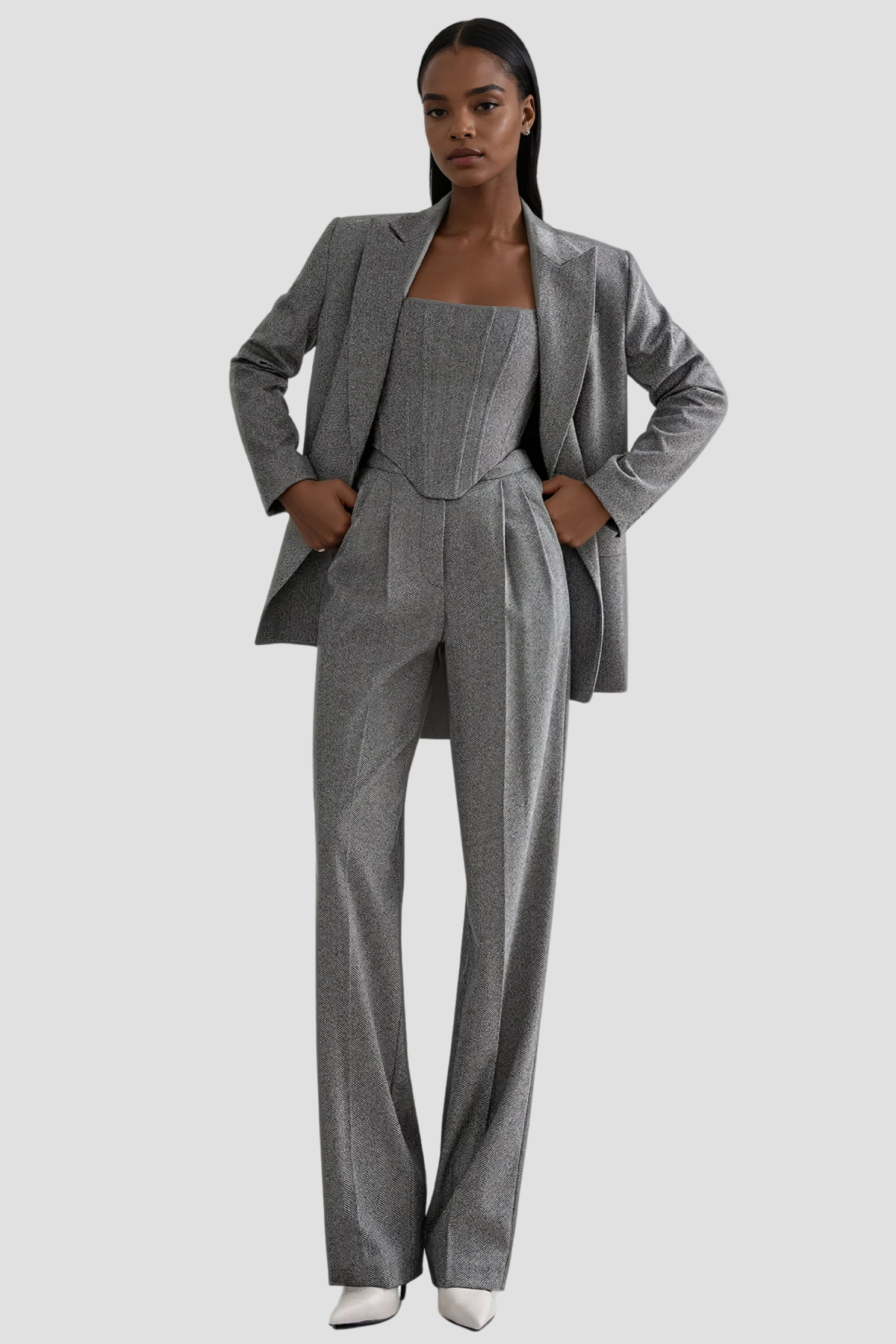 Stylish beautiful dress | Anang Lapel Strapless Three Piece Pants Set In Grey - Ideal for special occasions