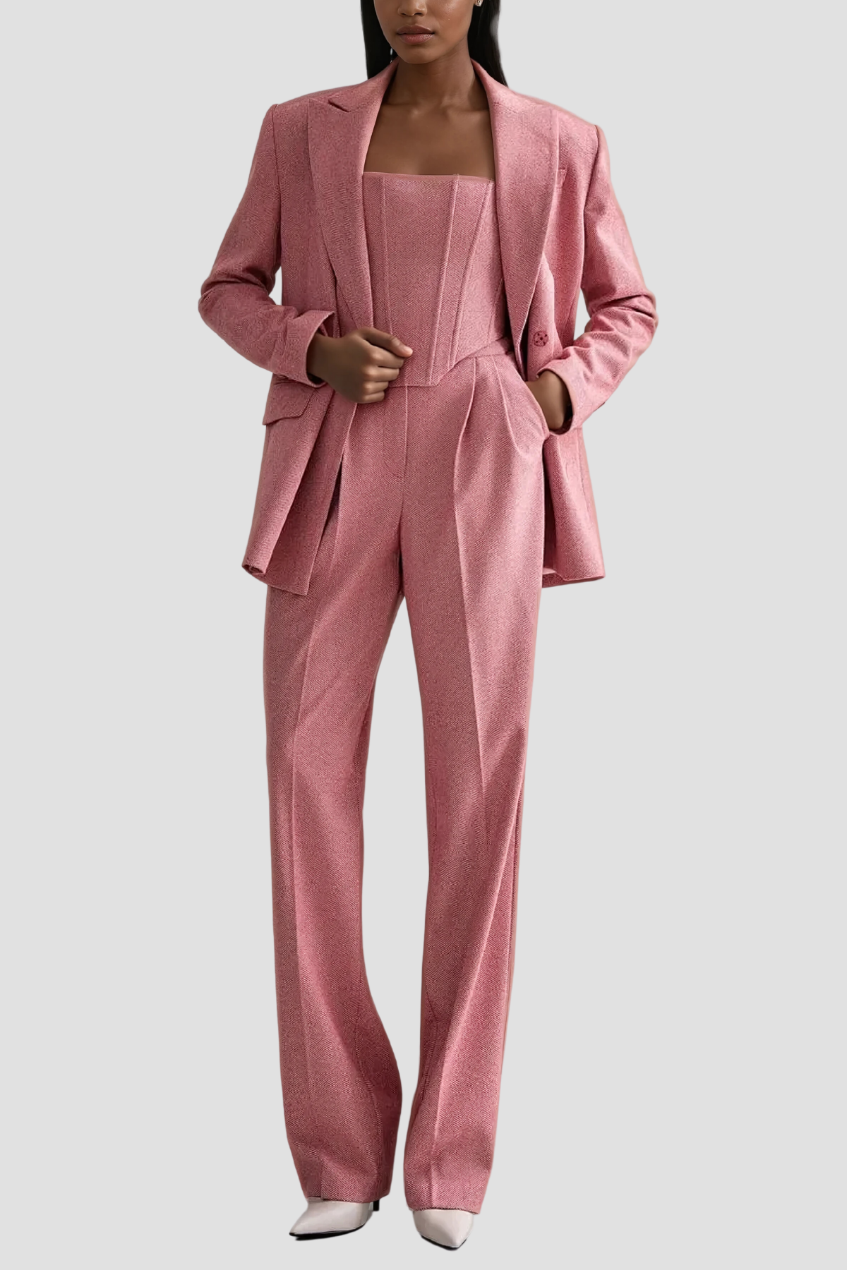 Shop  pink dress - Perfect for special occasions | Anang Lapel Strapless Three Piece Pants Set In Pink