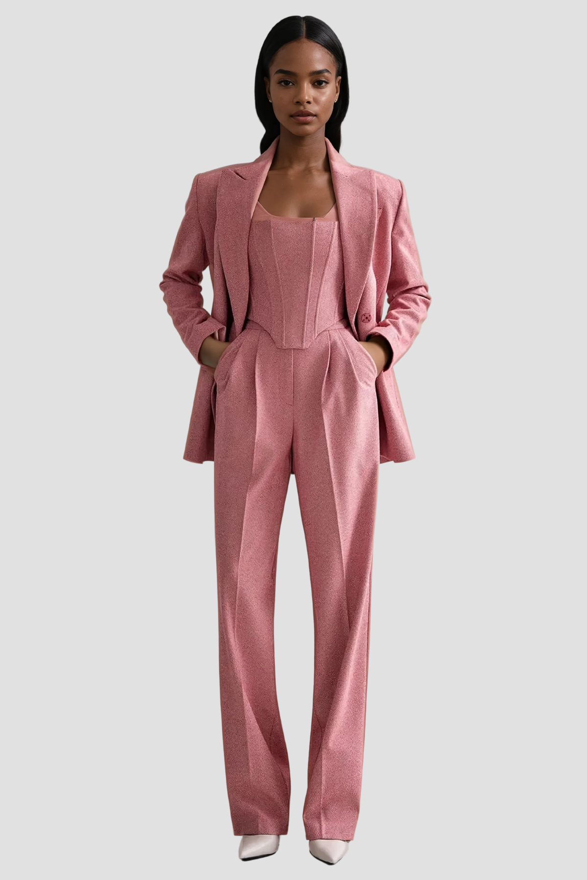 Stylish pink dress | Anang Lapel Strapless Three Piece Pants Set In Pink - Ideal for special occasions