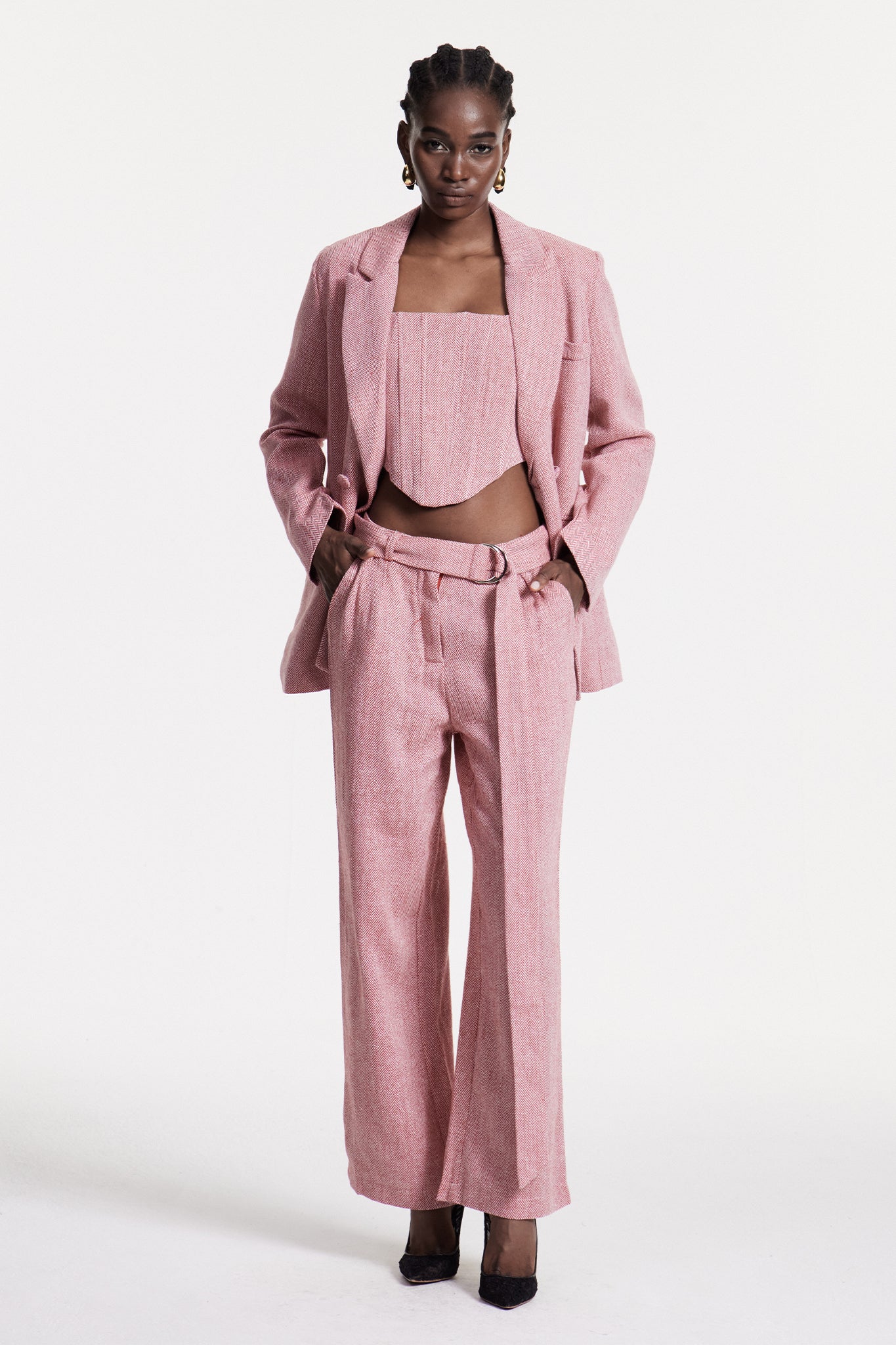 Shop  pink dress - Perfect for special occasions | Anang Lapel Strapless Three Piece Pants Set In Pink