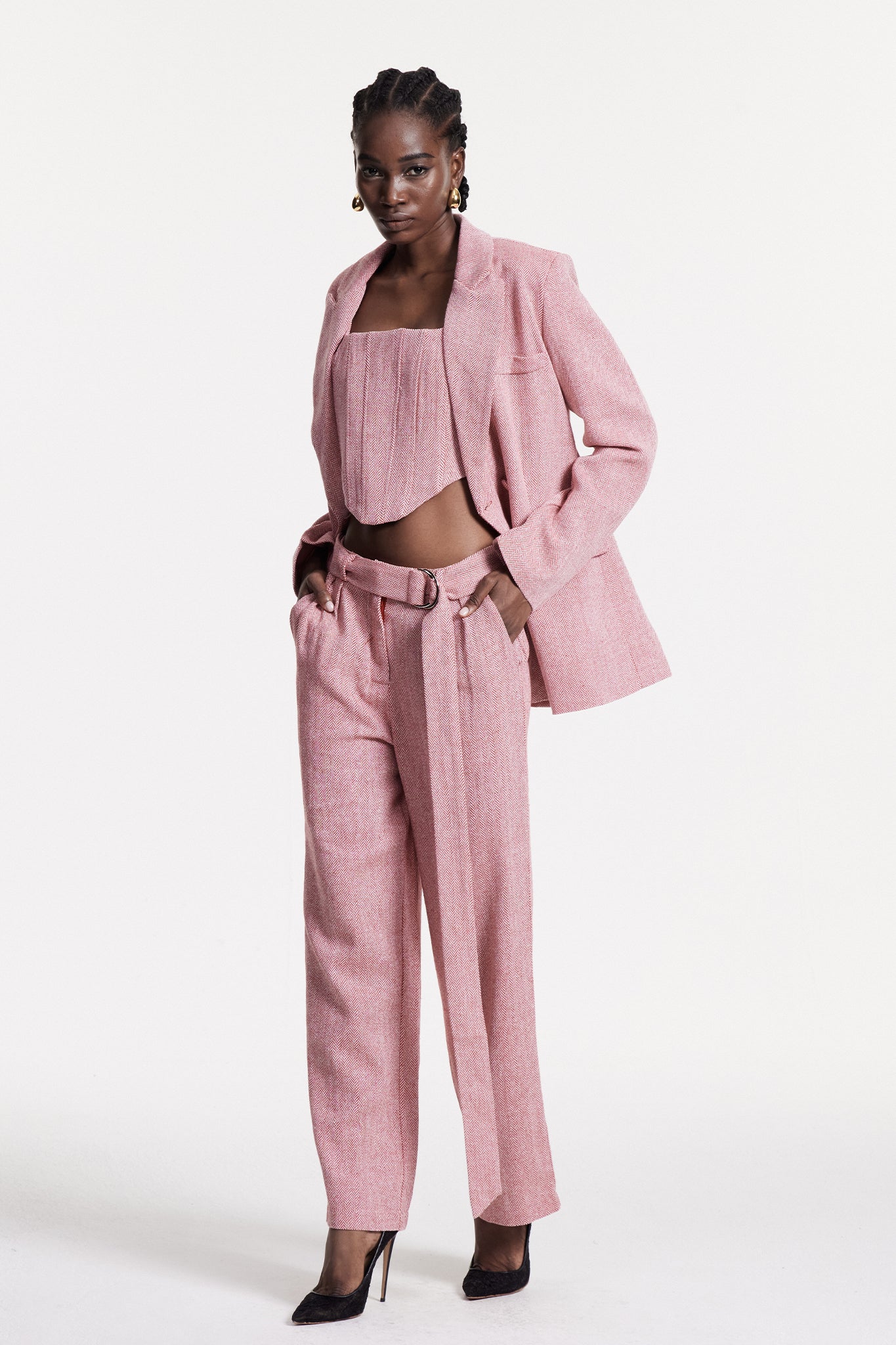 Shop  pink dress - Perfect for special occasions | Anang Lapel Strapless Three Piece Pants Set In Pink