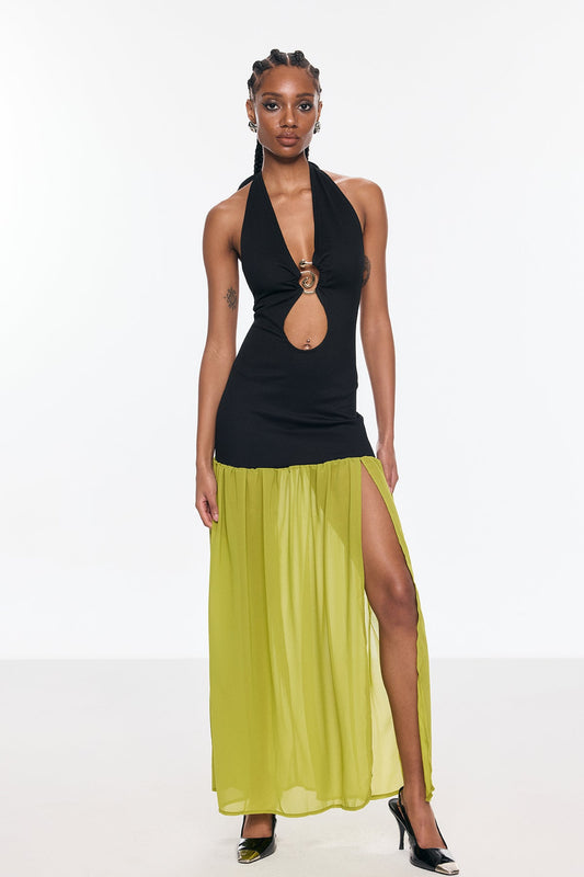 Ellalabel Anatoli Cutout Halter Neck Backless Split Maxi Dress - Crafted from High-quality Fabrication- Ideal for Wedding Guest and Formal Galas.