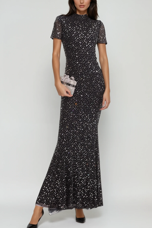 Ellalabel Andie Rhinestone Bodycon Short Sleeves Maxi Dress - Crafted from High-quality Fabrication- Best for Cocktail Parties and Night Out.
