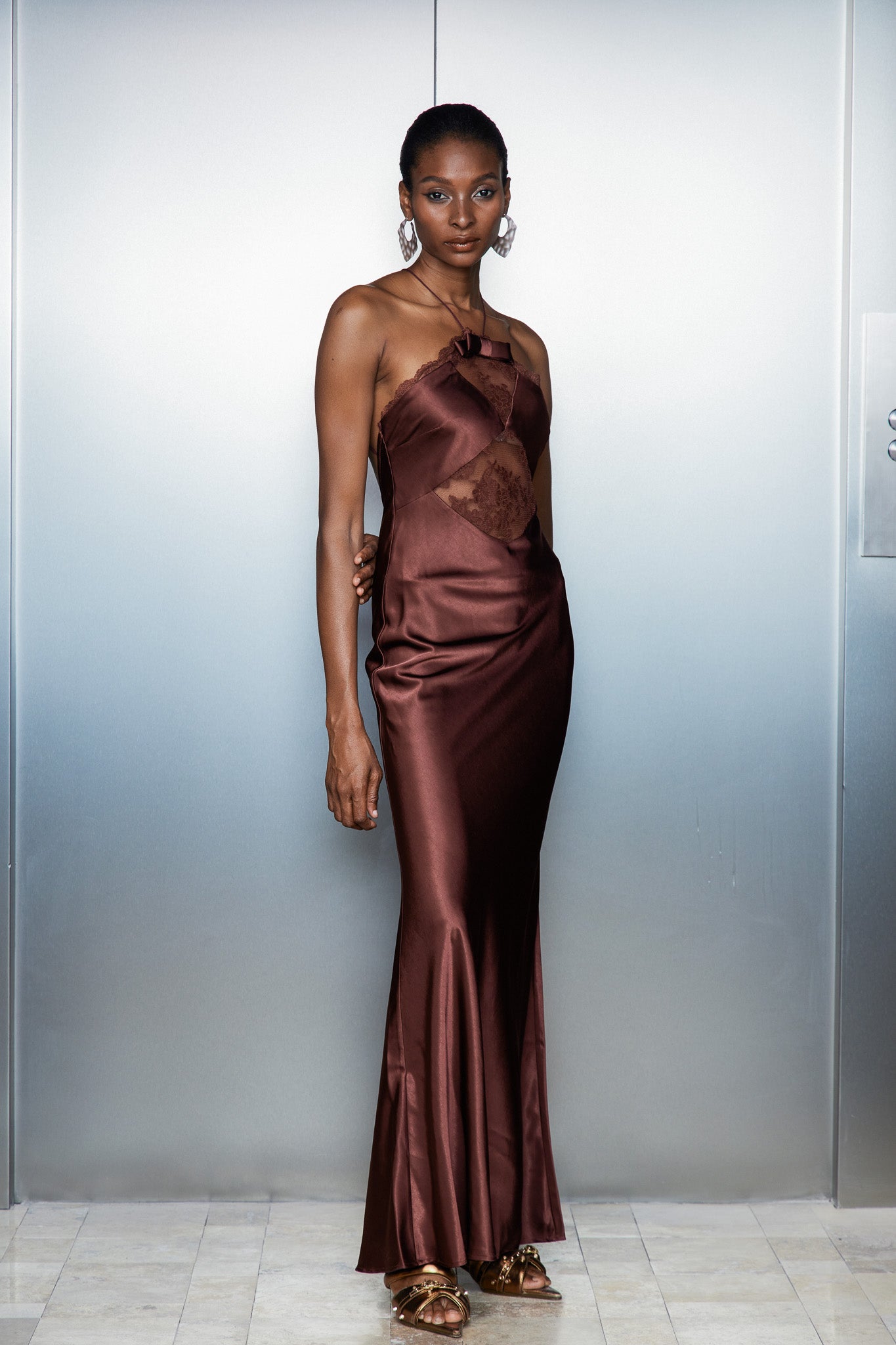 Anevay Lace Halter Neck Satin Maxi Dress - Stylish beautiful dress for special occasions | Buy Online