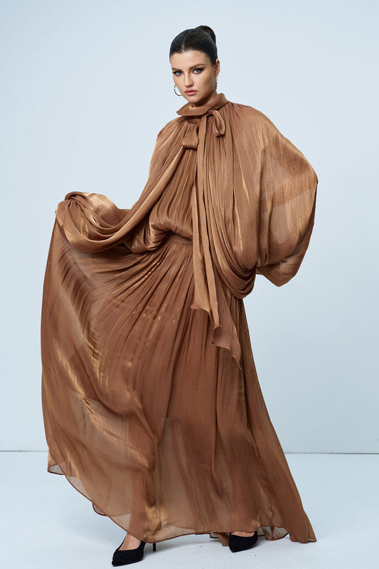 Ellalabel Anima Ruch Lace Up Balloon Sleeve Maxi Dress - Crafted from Intricate Lace Fabrication- Ideal for Wedding Guest and Formal Galas.