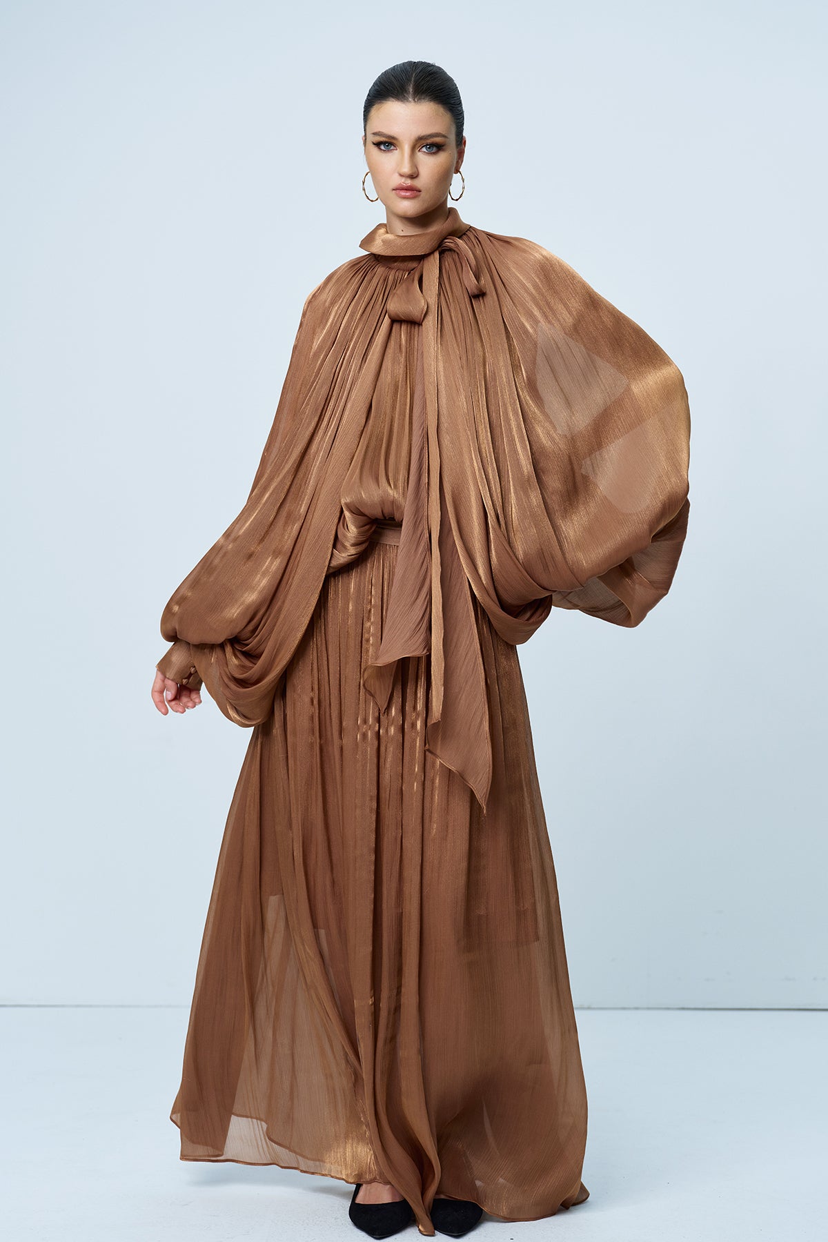 Anima Ruch Lace Up Balloon Sleeve Maxi Dress